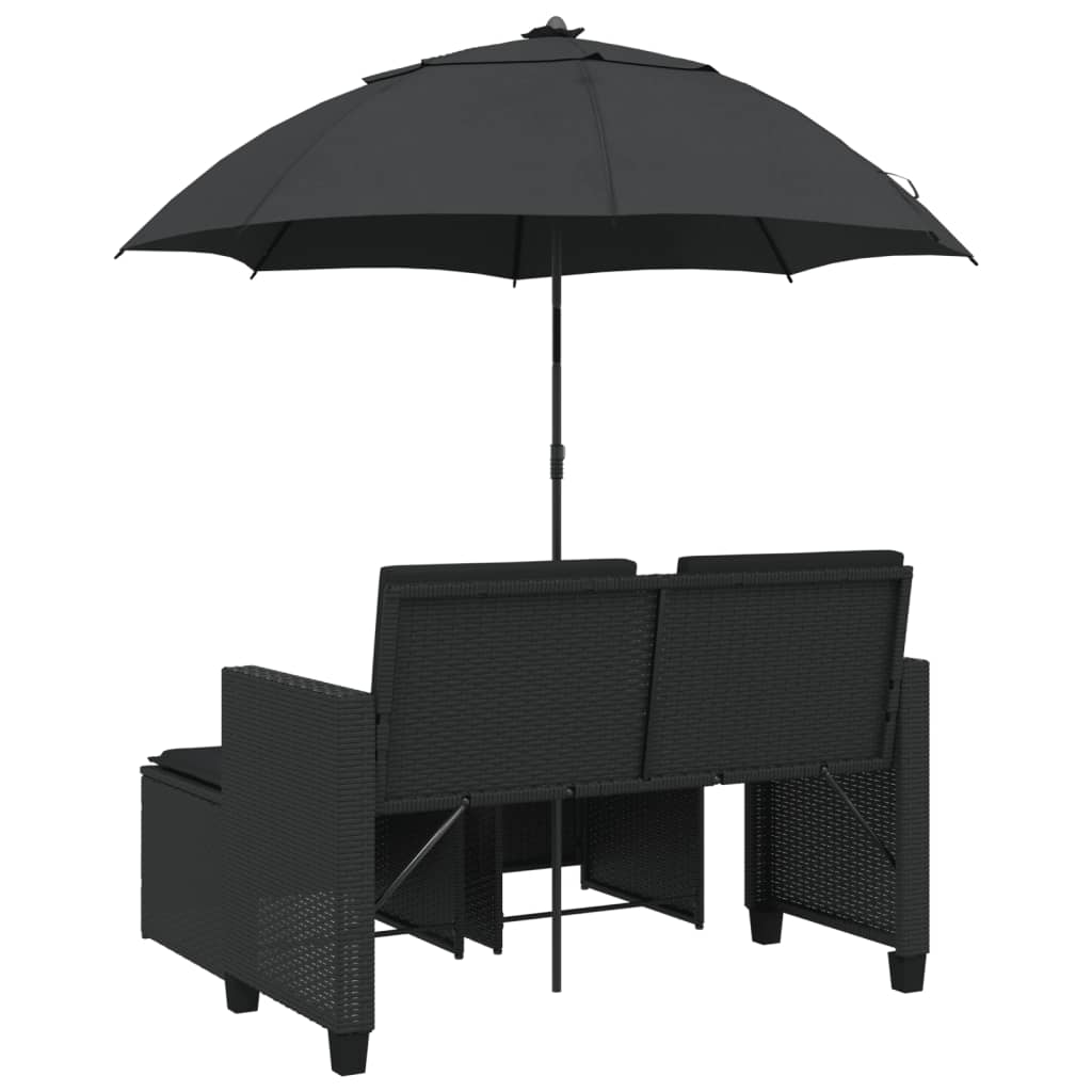 Divano Giardino 2 Posti Ombrellone e Sgabelli Nero Polyrattan | homemem39