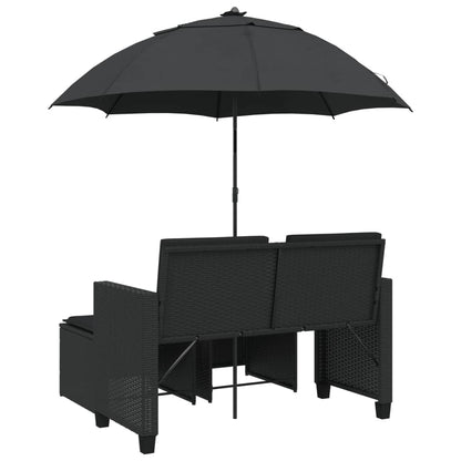 Divano Giardino 2 Posti Ombrellone e Sgabelli Nero Polyrattan | homemem39