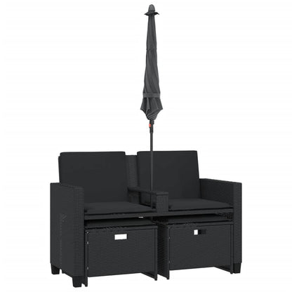 Divano Giardino 2 Posti Ombrellone e Sgabelli Nero Polyrattan | homemem39