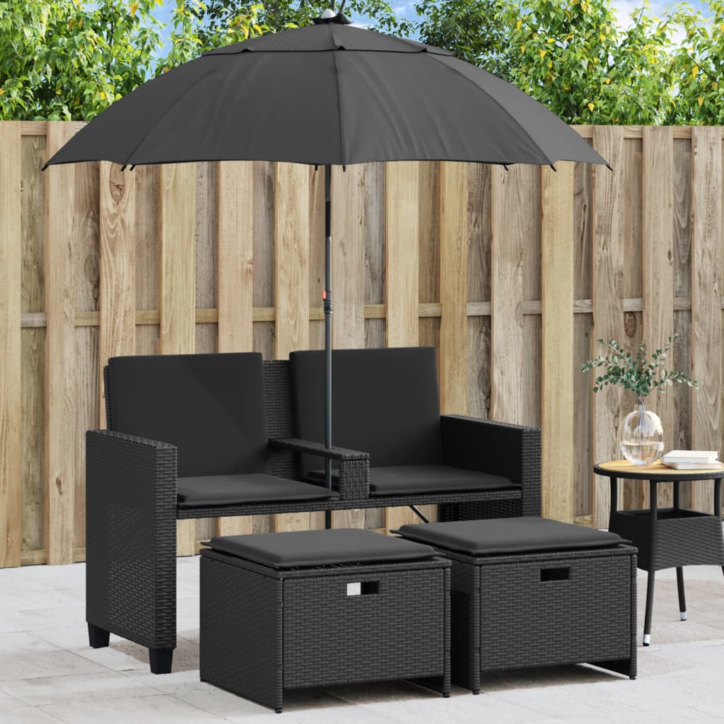 Divano Giardino 2 Posti Ombrellone e Sgabelli Nero Polyrattan | homemem39
