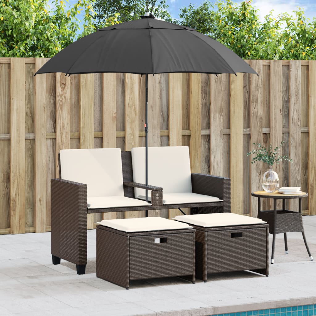 Divano Giardino 2Posti Ombrellone e Sgabelli Marrone Polyrattan | homemem39