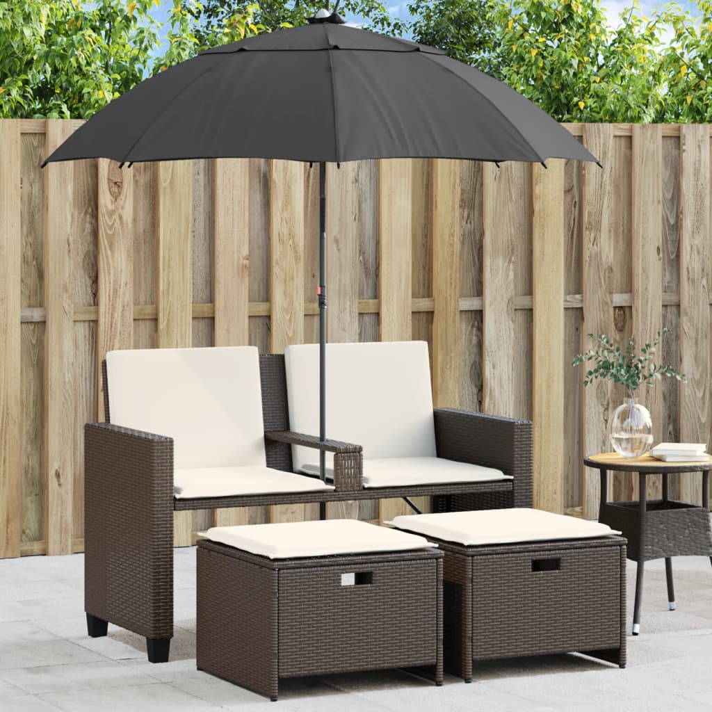 Divano Giardino 2Posti Ombrellone e Sgabelli Marrone Polyrattan | homemem39