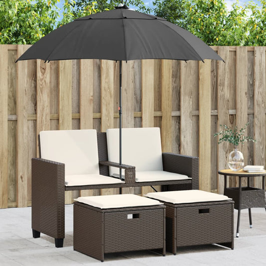 Divano Giardino 2Posti Ombrellone e Sgabelli Marrone Polyrattan | homemem39