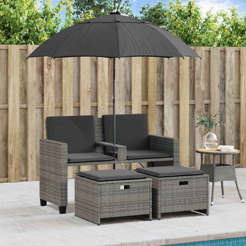 Divano Giardino 2Posti Ombrellone e Sgabelli Grigio Polyrattan