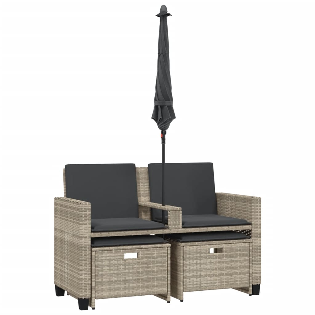 Divano 2Posti Ombrellone e Sgabelli Grigio Chiaro Polyrattan - homemem39