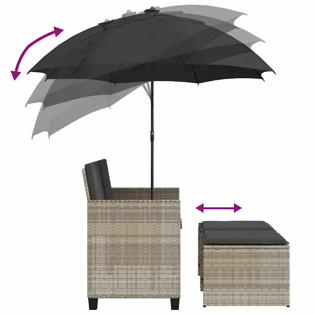 Divano 2Posti Ombrellone e Sgabelli Grigio Chiaro Polyrattan | homemem39