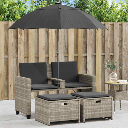 Divano 2Posti Ombrellone e Sgabelli Grigio Chiaro Polyrattan | homemem39