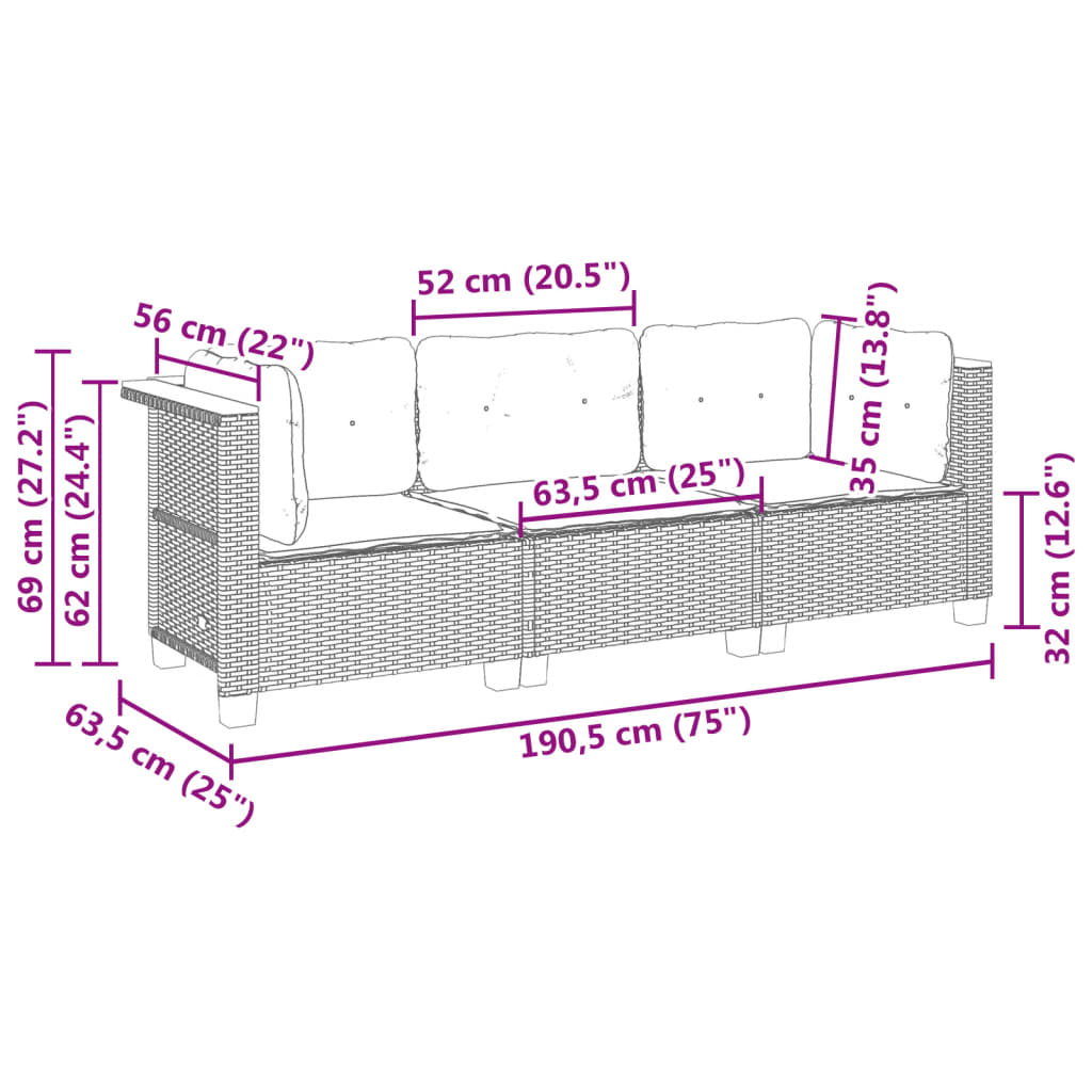 Divano da Giardino a 3 Posti con Cuscini Nero in Polyrattan | homemem39