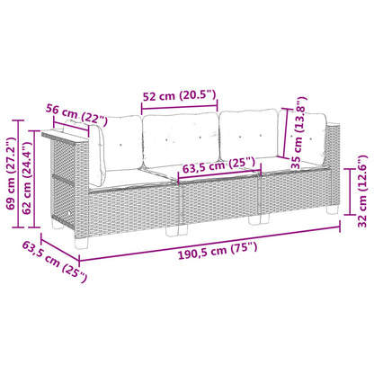Divano da Giardino a 3 Posti con Cuscini Nero in Polyrattan | homemem39