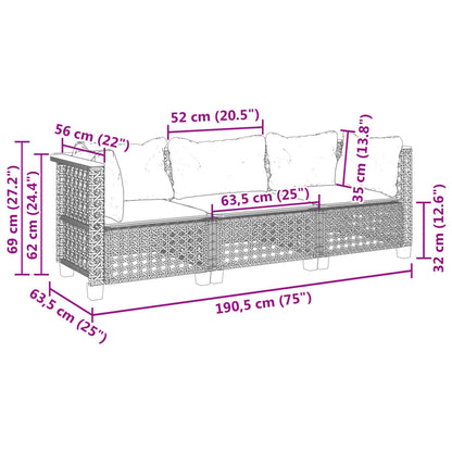 Divano da Giardino a 3 Posti con Cuscini Nero in Polyrattan | homemem39