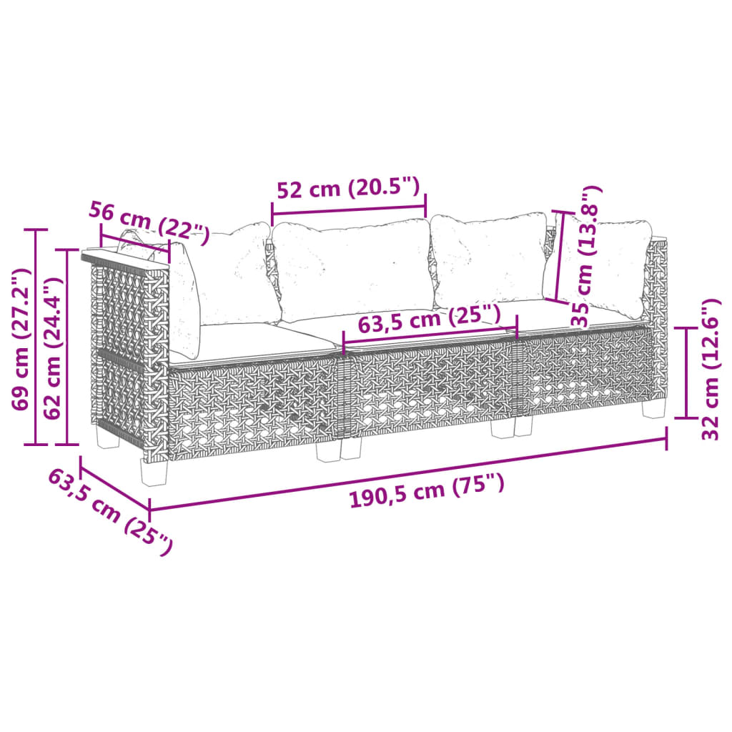 Divano da Giardino con Cuscini 3 Posti Grigio in Polyrattan | homemem39