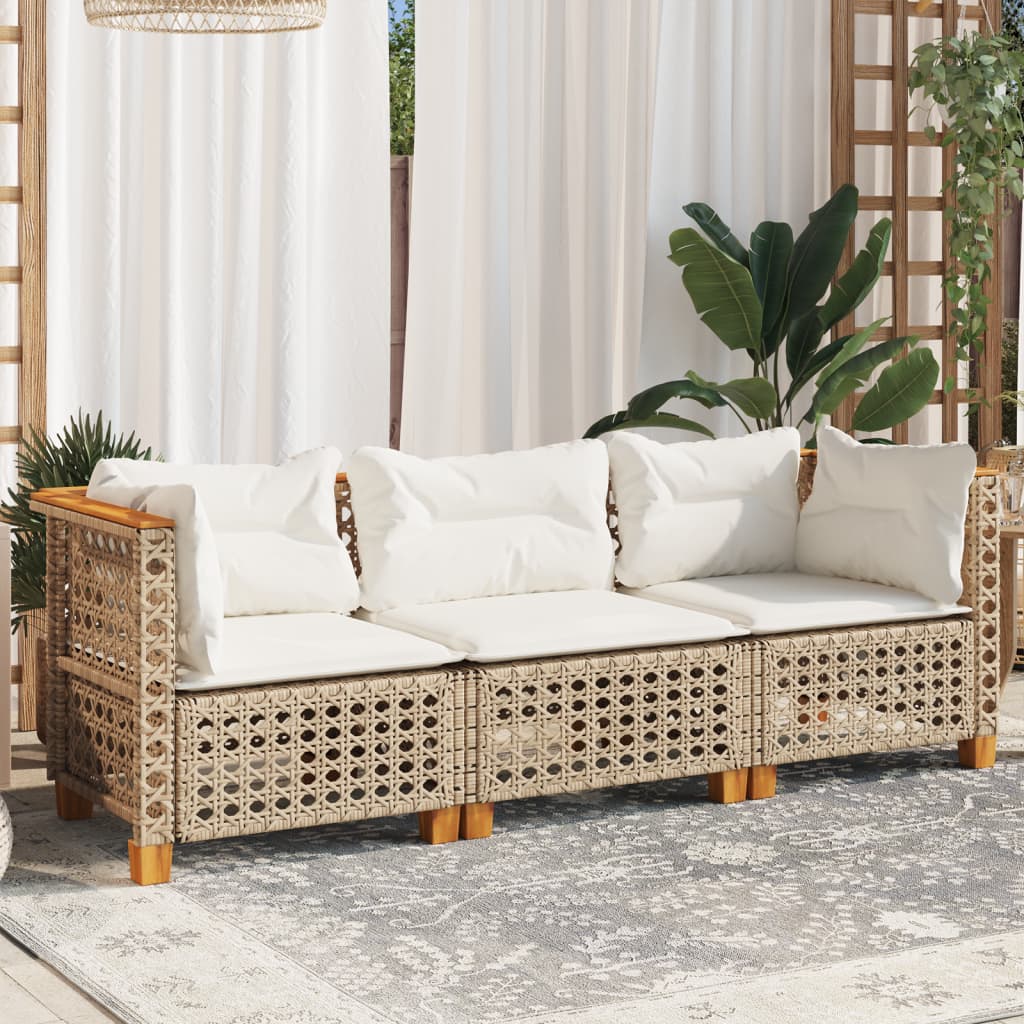 Divano da Giardino con Cuscini a 3 Posti Beige in Polyrattan | homemem39