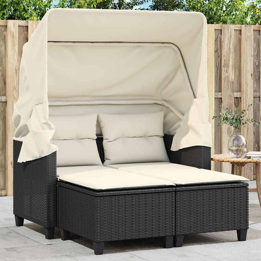 Divano Giardino 2 Posti Baldacchino e Sgabelli Nero Polyrattan | homemem39