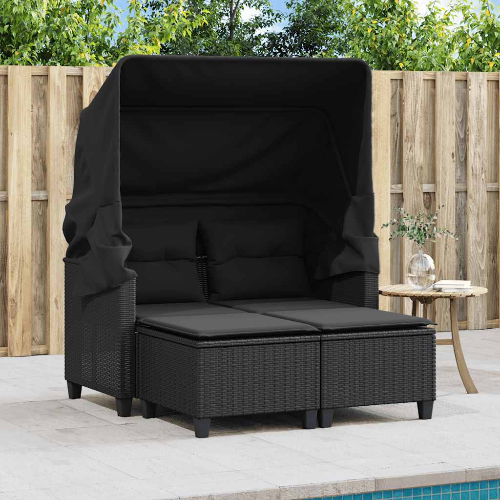 Divano Giardino 2 Posti Baldacchino e Sgabelli Nero Polyrattan | homemem39