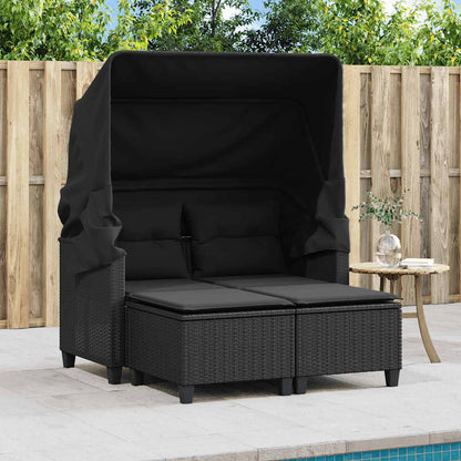 Divano Giardino 2 Posti Baldacchino e Sgabelli Nero Polyrattan | homemem39