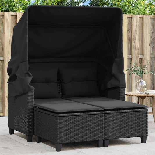 Divano Giardino 2 Posti Baldacchino e Sgabelli Nero Polyrattan | homemem39