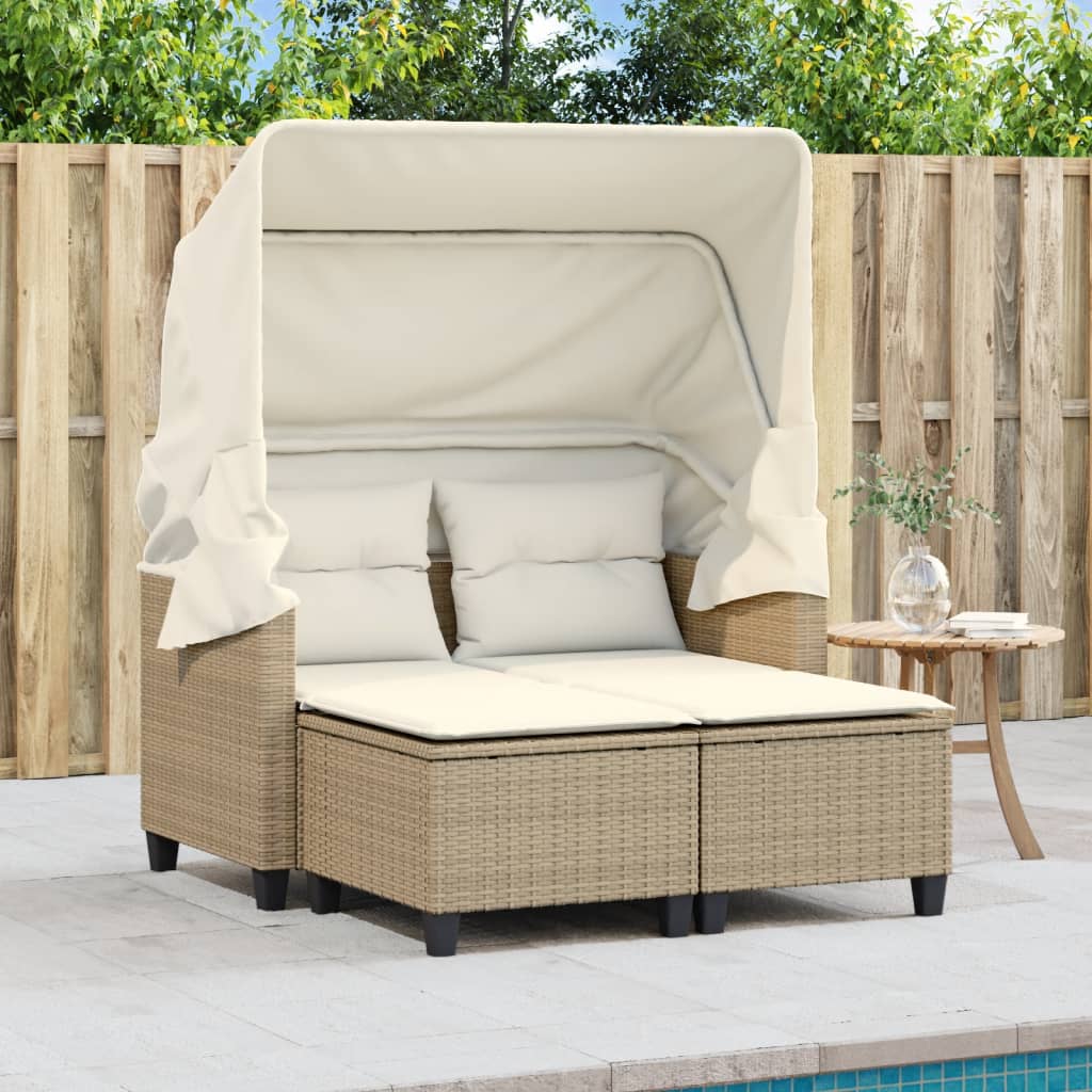 Divano Giardino 2 Posti Baldacchino e Sgabelli Beige Polyrattan | homemem39