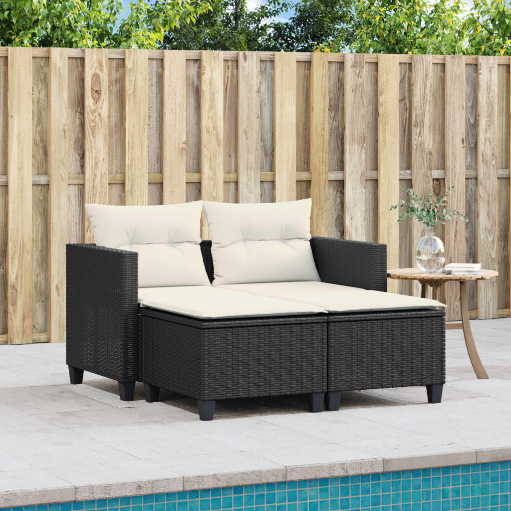 Divano da Giardino 2 Posti con Sgabelli Nero in Polyrattan | homemem39