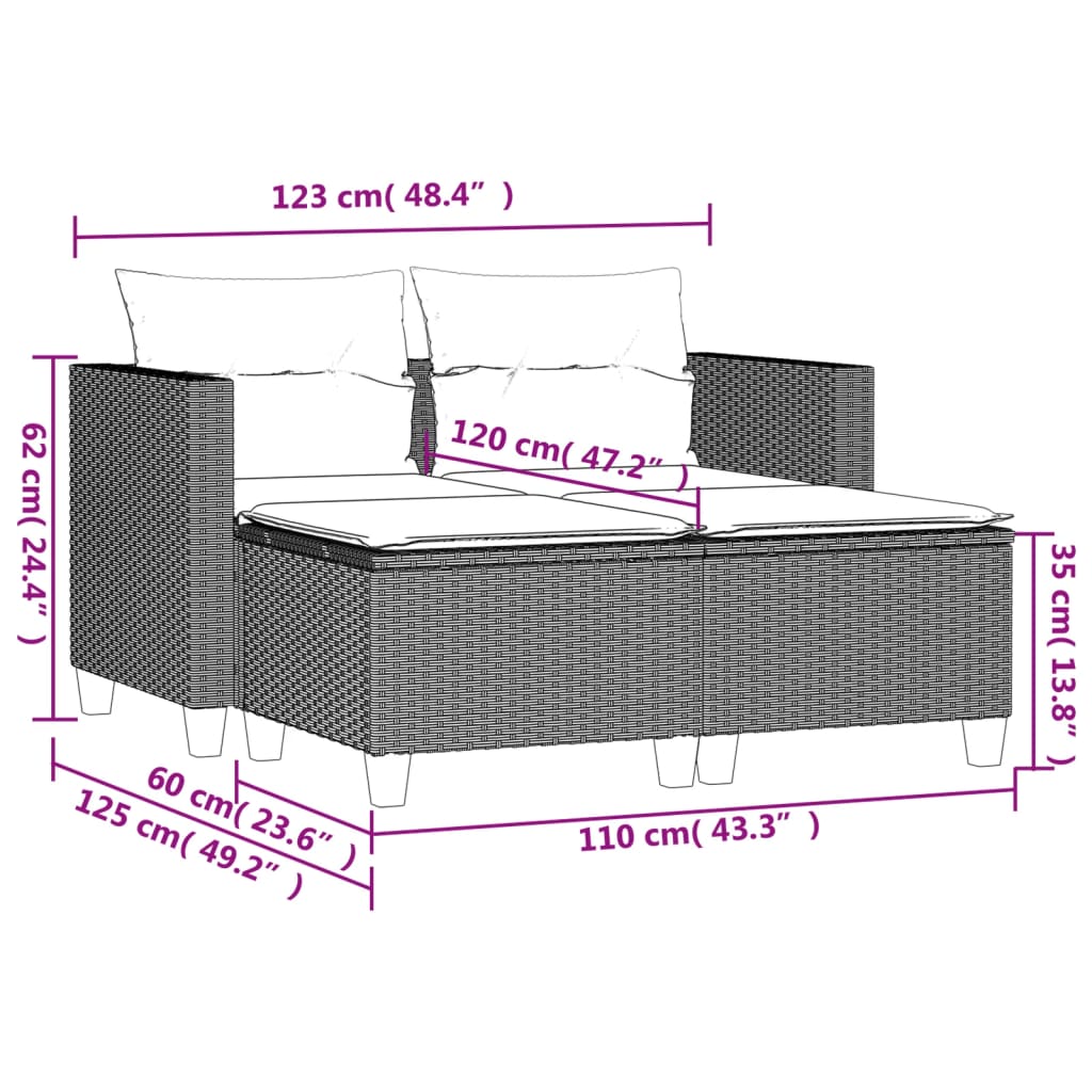 Divano da Giardino 2 Posti con Sgabelli Nero in Polyrattan | homemem39