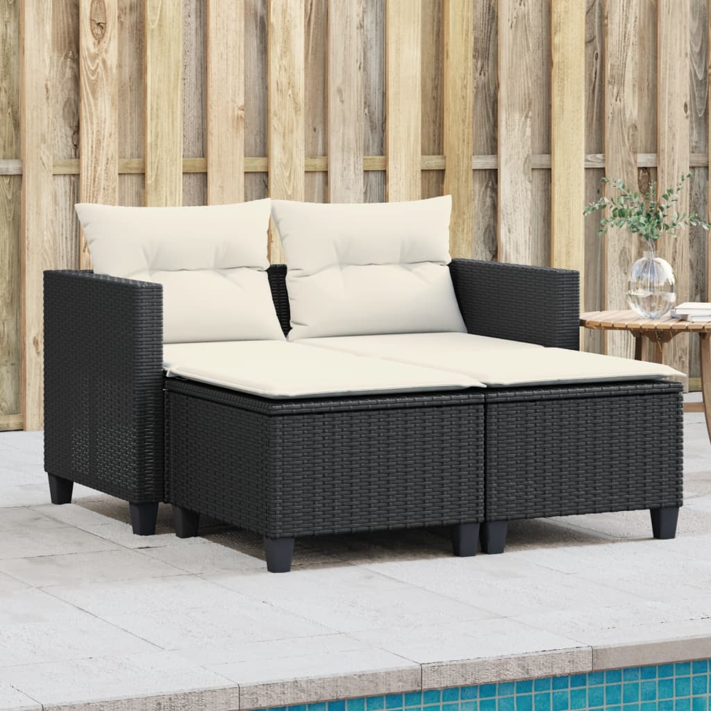Divano da Giardino 2 Posti con Sgabelli Nero in Polyrattan | homemem39
