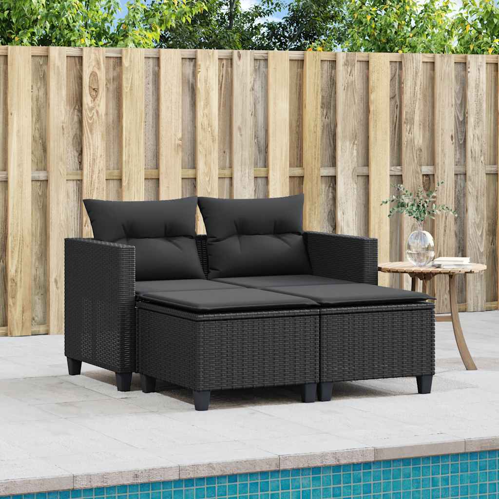 Divano da Giardino 2 Posti con Sgabelli Nero in Polyrattan | homemem39