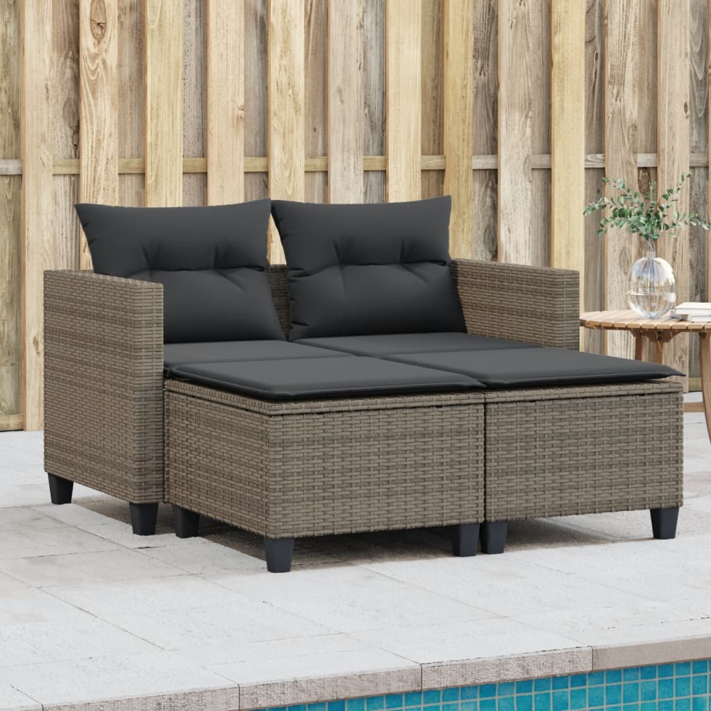 Divano da Giardino 2 Posti con Sgabelli Grigio in Polyrattan | homemem39