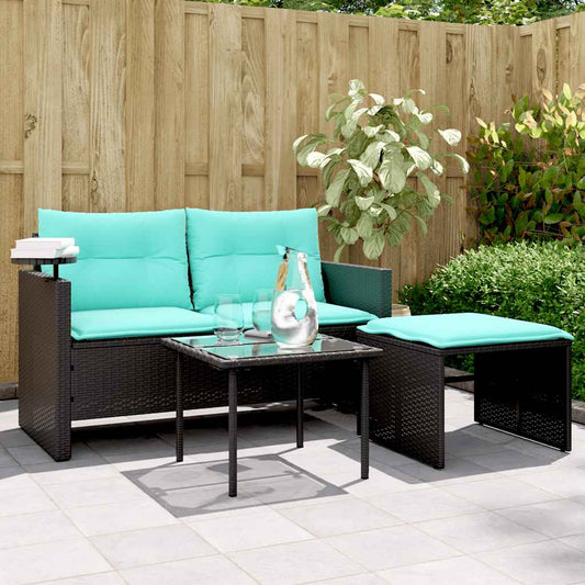 Set Divani da Giardino 3 pz con Cuscini Nero in Polyrattan