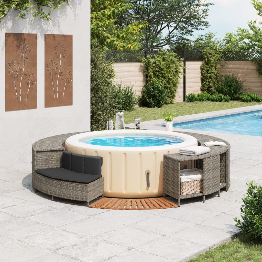 Bordo per Spa Grigio in Polyrattan e Legno Massello di Acacia