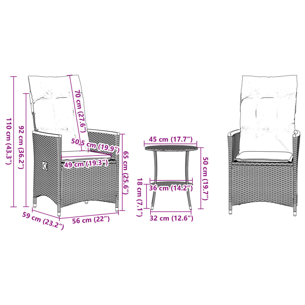 Set da Bistrò 3 pz con Cuscini Grigio in Polyrattan | homemem39