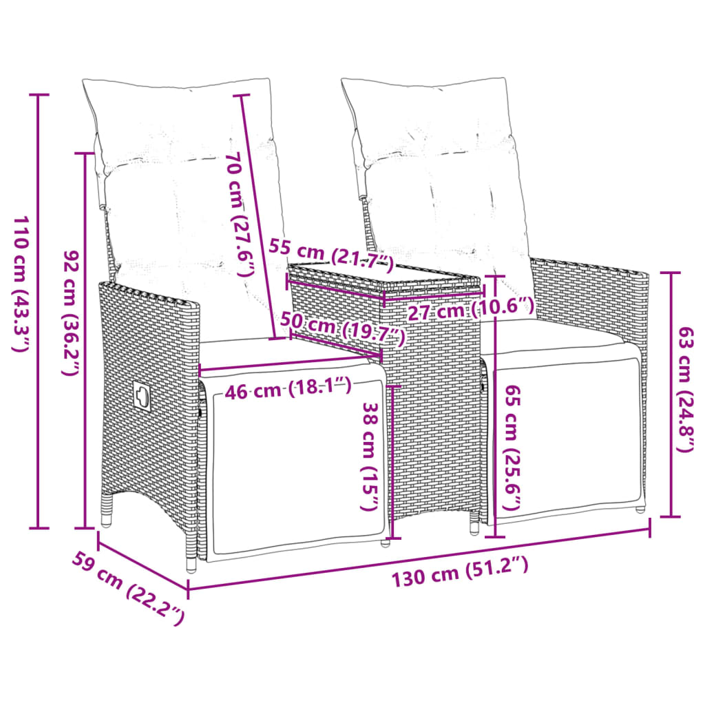 Divano Giardino Reclinabile 2 Posti Tavolino Marrone Polyrattan | homemem39