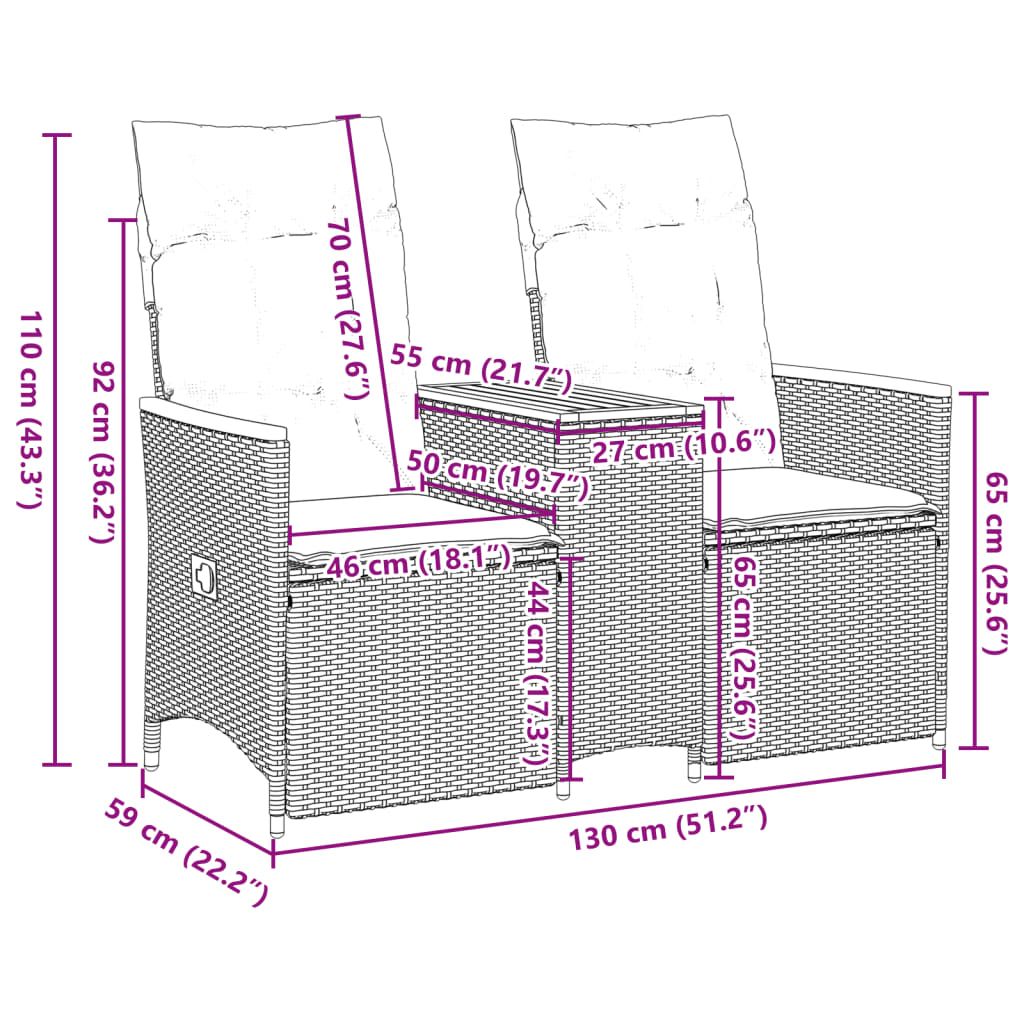 Divano Giardino Reclinabile 2Posti con Tavolino Nero Polyrattan | homemem39