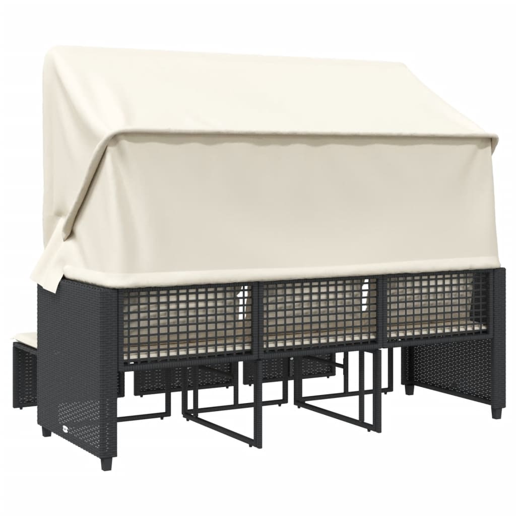 Divano Giardino 3 Posti Baldacchino e Sgabelli Nero Polyrattan | homemem39