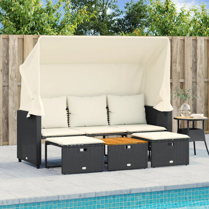 Divano Giardino 3 Posti Baldacchino e Sgabelli Nero Polyrattan | homemem39