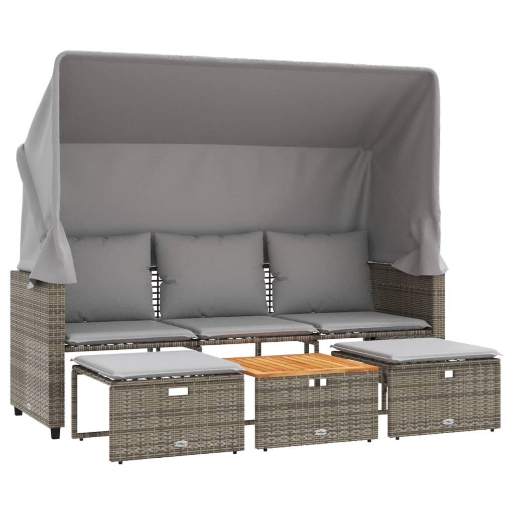 Divano Giardino 3 Posti con Tetto e Sgabelli Grigio Polyrattan | homemem39