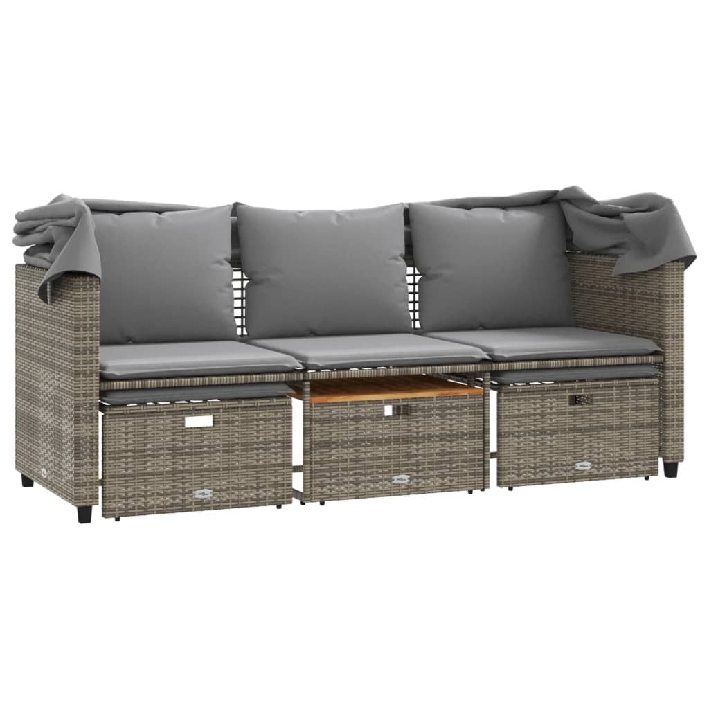 Divano Giardino 3 Posti con Tetto e Sgabelli Grigio Polyrattan | homemem39