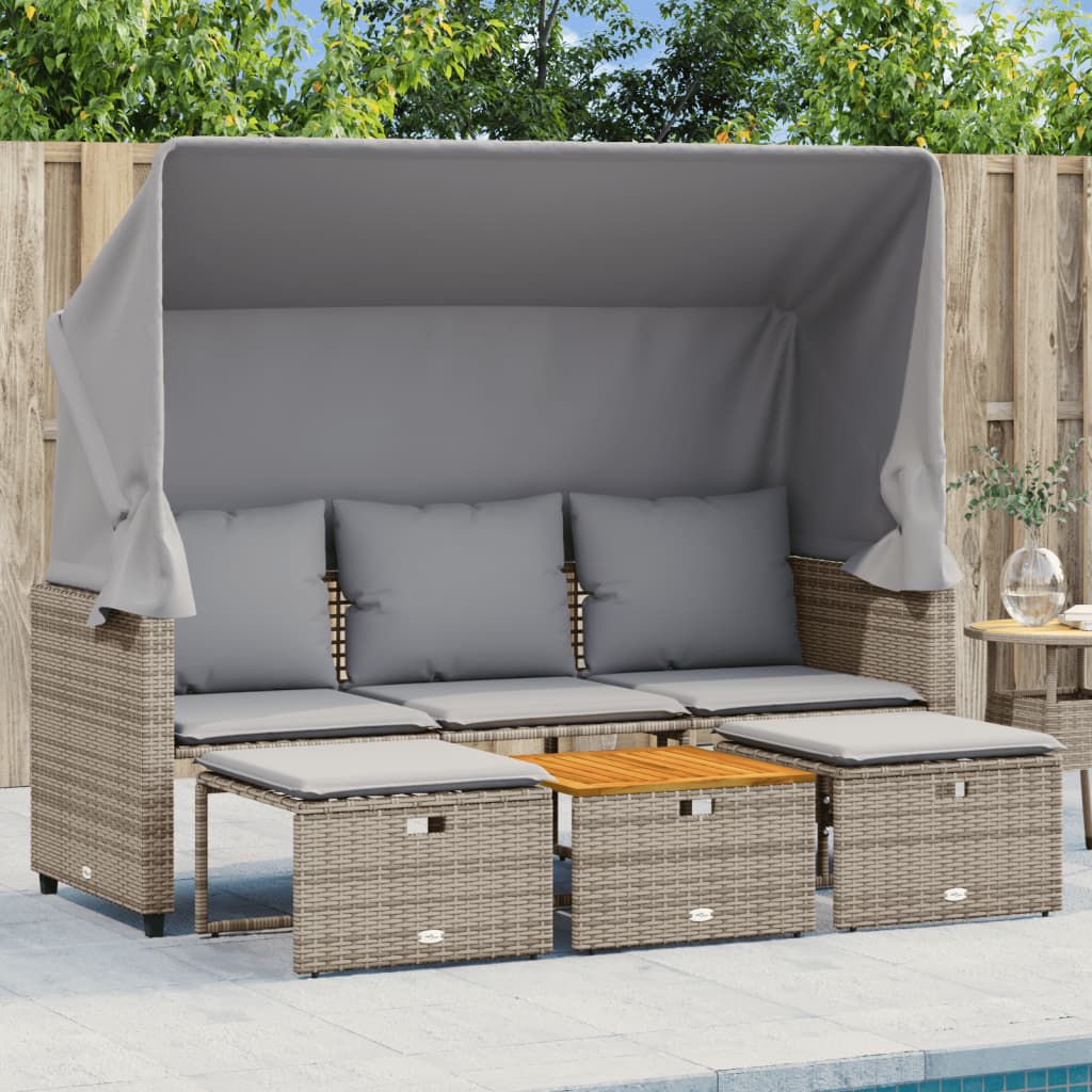 Divano Giardino 3 Posti con Tetto e Sgabelli Grigio Polyrattan | homemem39