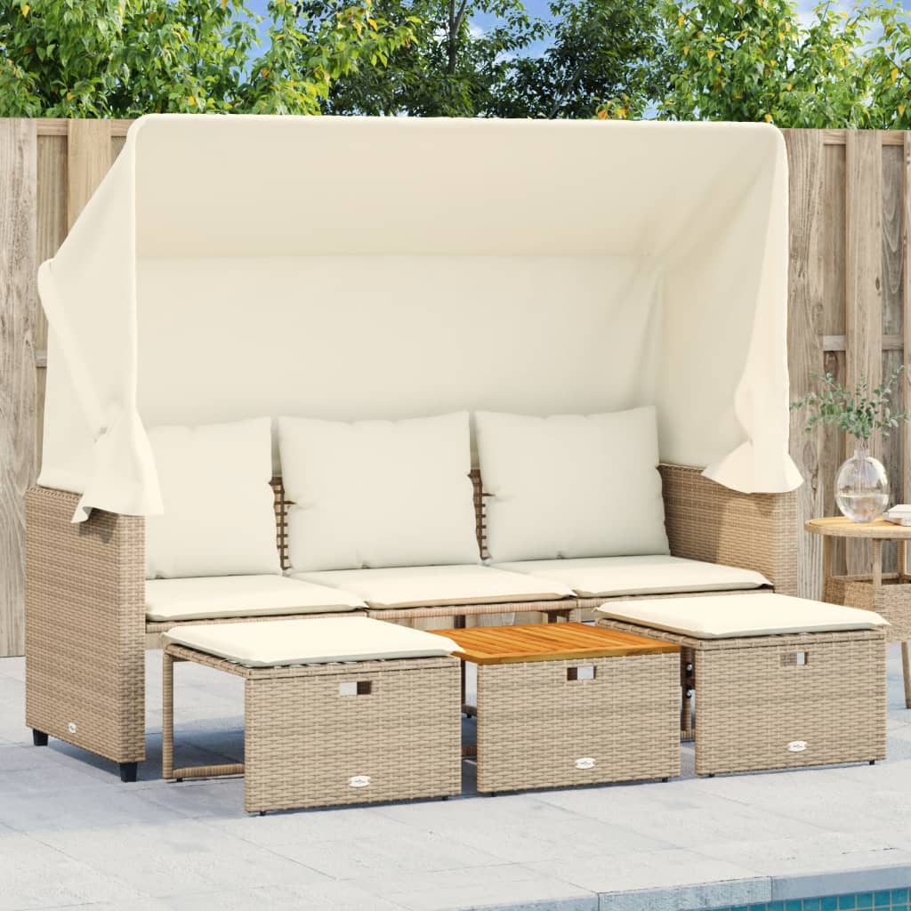 Divano Giardino 3 Posti Baldacchino e Sgabelli Beige Polyrattan | homemem39