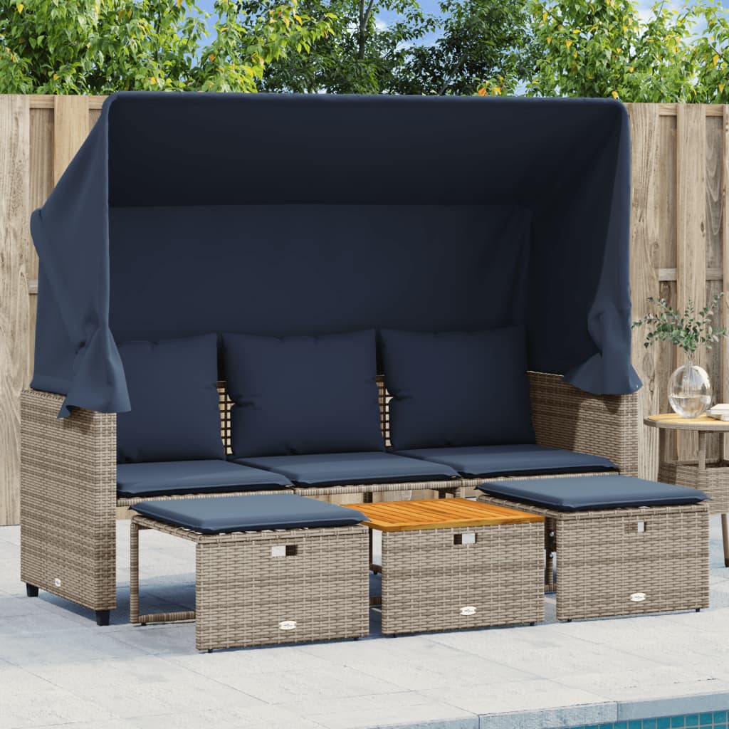 Divano da giardino a 3 posti con baldacchino e sgabelli in Polyrattan Grigio | homemem39