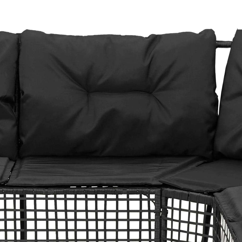 Divano da Giardino a L con Cuscini e Pouf Nero in Polyrattan | homemem39