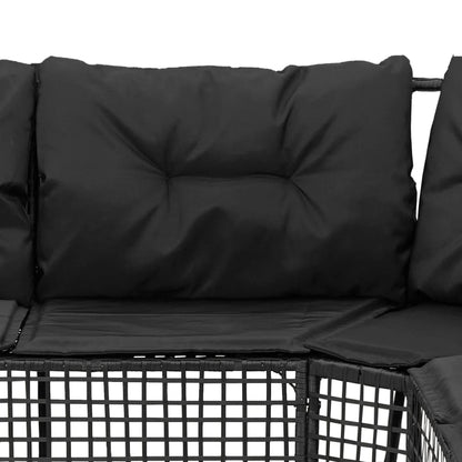 Divano da Giardino a L con Cuscini e Pouf Nero in Polyrattan | homemem39