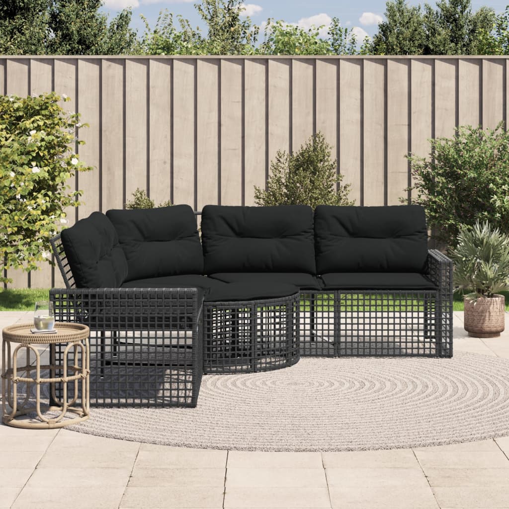 Divano da Giardino a L con Cuscini e Pouf Nero in Polyrattan | homemem39