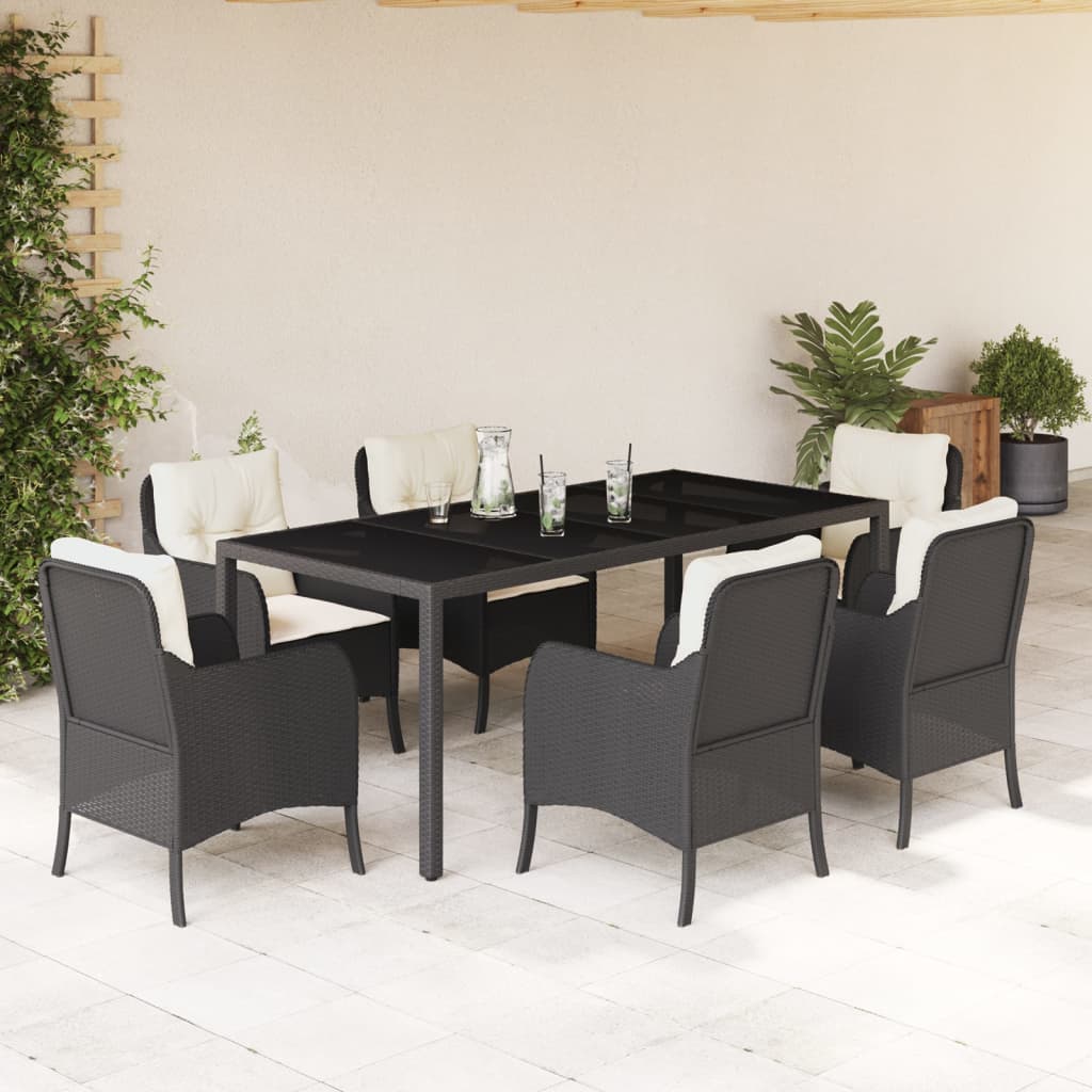 Set da Pranzo da Giardino 7 pz Nero con Cuscini in Polyrattan - homemem39