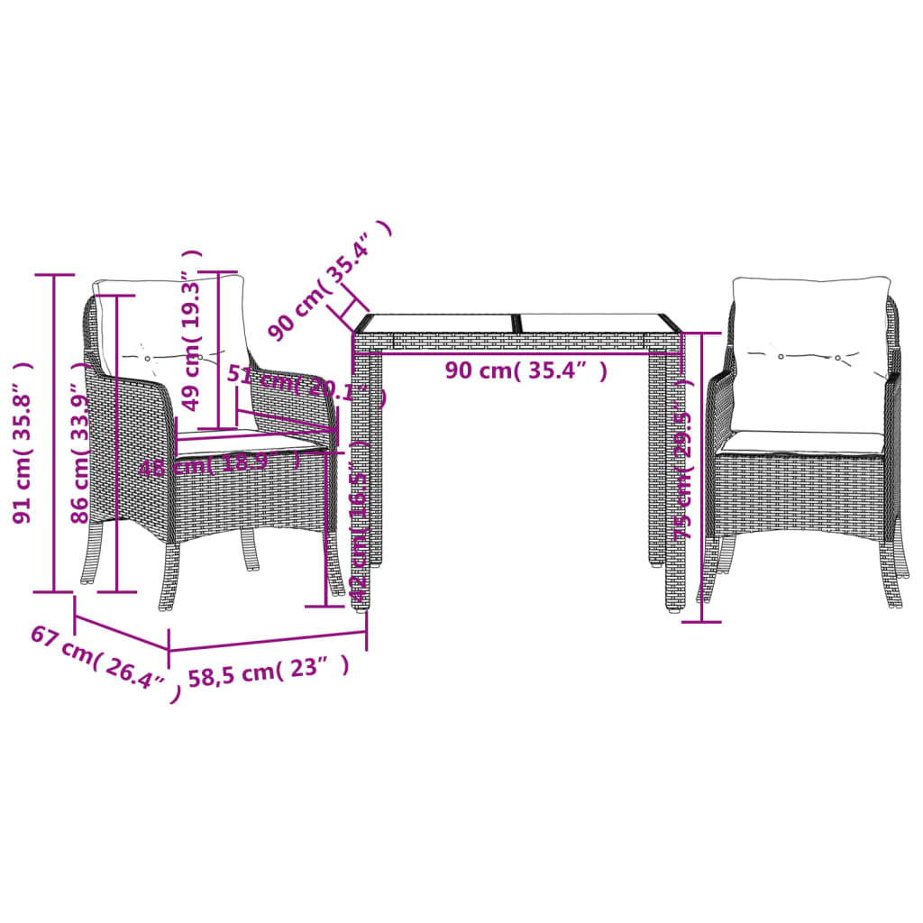Set da Pranzo da Giardino 3 pz con Cuscini Nero in Polyrattan | homemem39