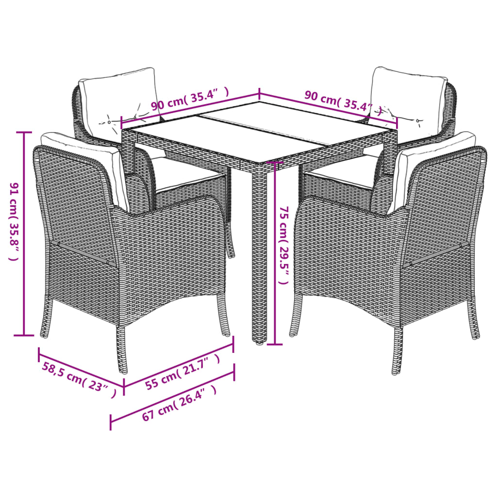 Set da Pranzo da Giardino 5 pz Nero con Cuscini in Polyrattan | homemem39