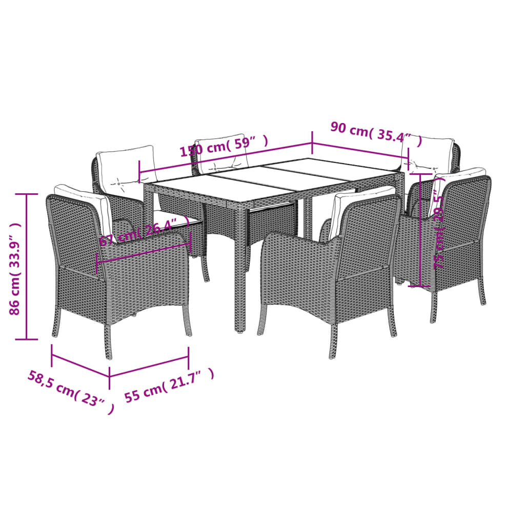 Set da Pranzo da Giardino 7 pz Nero con Cuscini in Polyrattan | homemem39