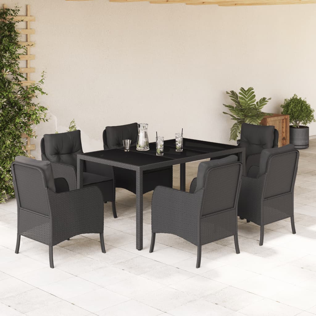 Set da Pranzo da Giardino 7 pz Nero con Cuscini in Polyrattan | homemem39