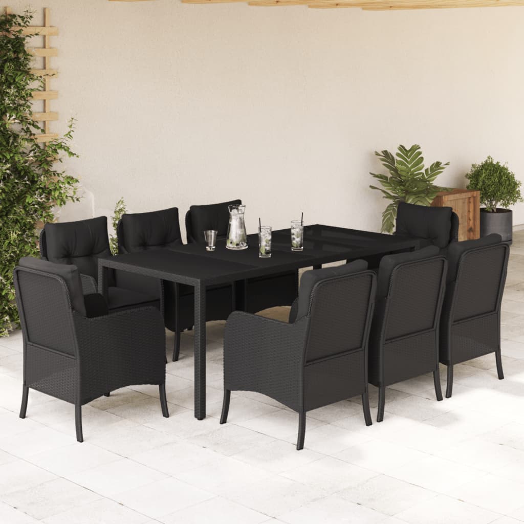 Set da Pranzo da Giardino 9 pz con Cuscini Nero in Polyrattan | homemem39