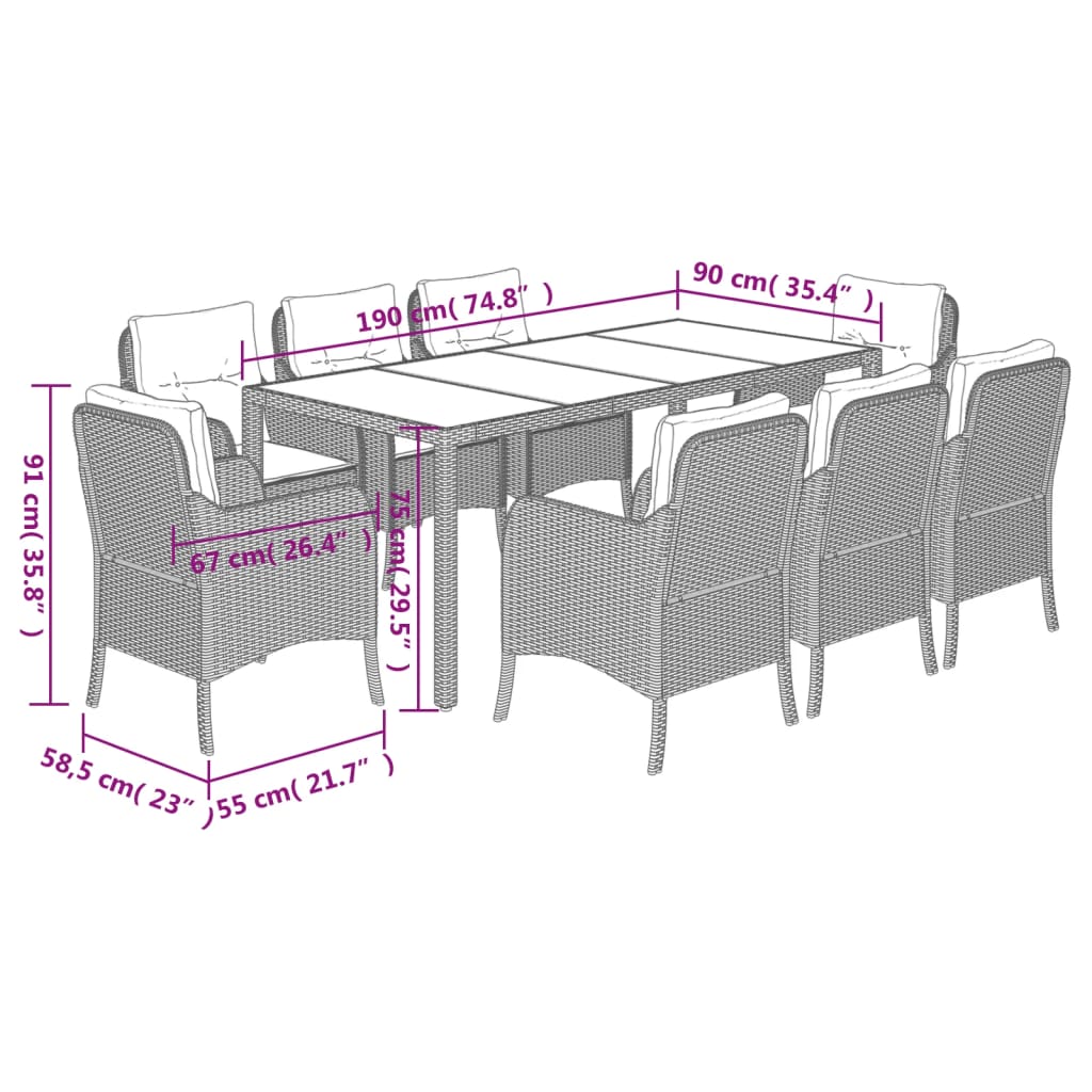 Set da Pranzo da Giardino 9 pz con Cuscini in Polyrattan Grigio | homemem39