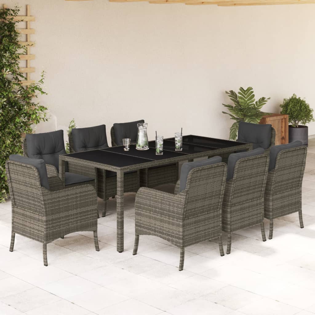 Set da Pranzo da Giardino 9 pz con Cuscini in Polyrattan Grigio - homemem39