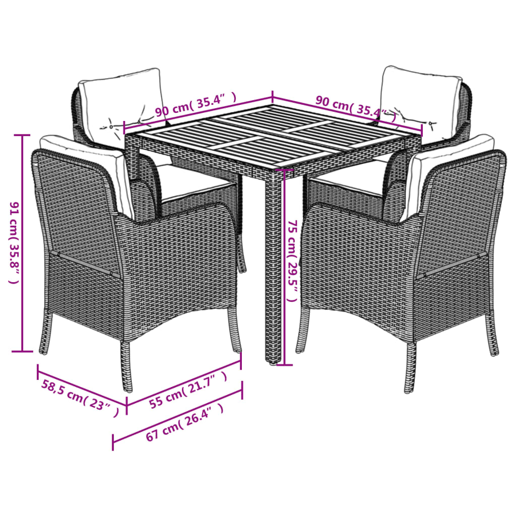 Set da Pranzo da Giardino 5 pz Nero con Cuscini in Polyrattan - homemem39